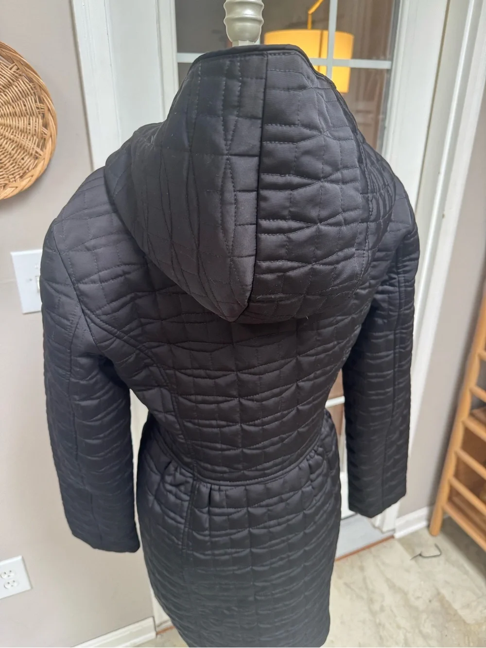 Kate Spade Black Quilted Hooded Puffer Coat Striped Lining Small